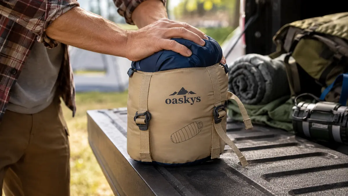 Hands rolling a sleeping bag back into its compression sack next to a duffel bag