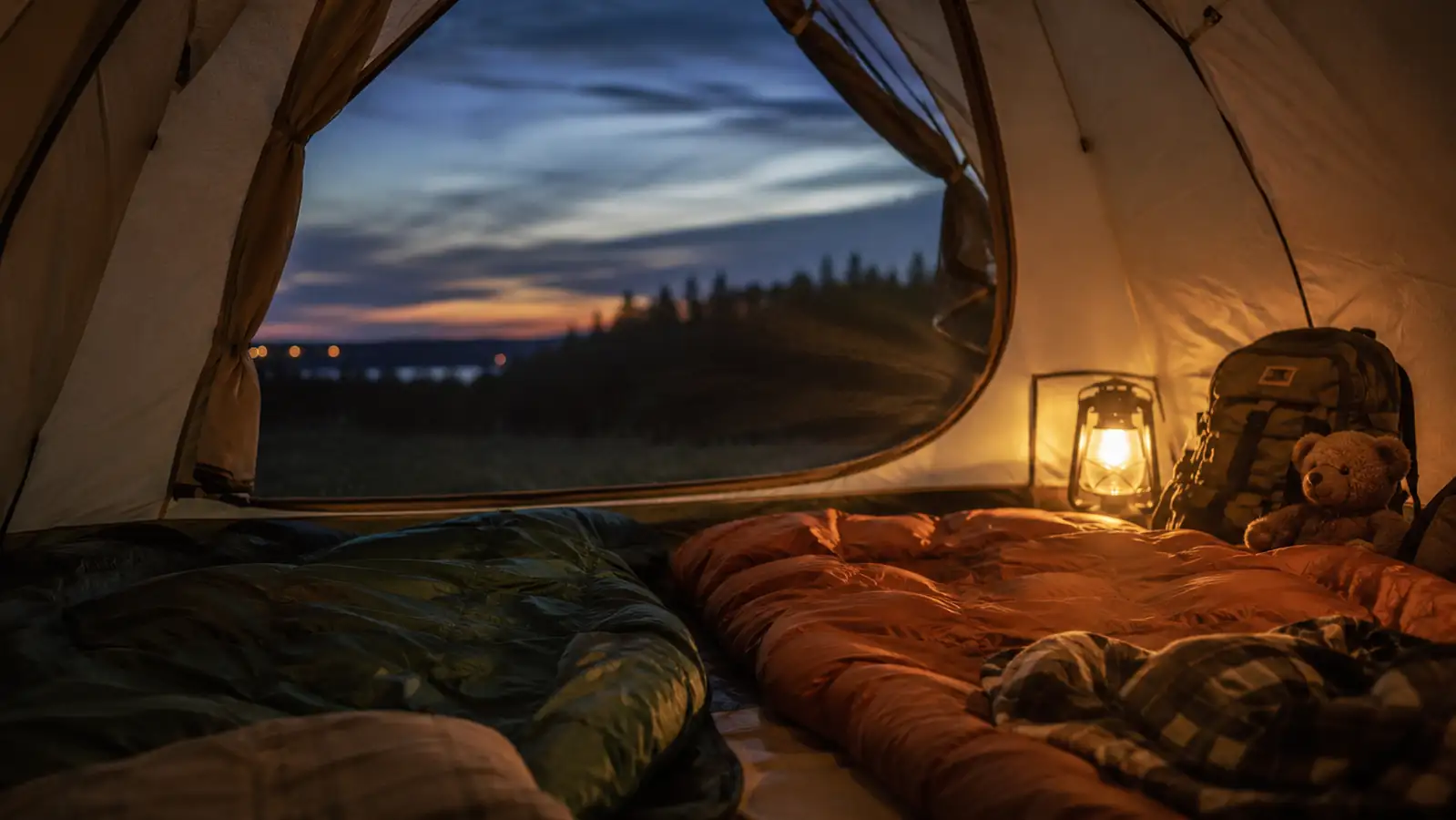 Two kids' sleeping bags laid out side by side inside a tent with a lantern glowing between them