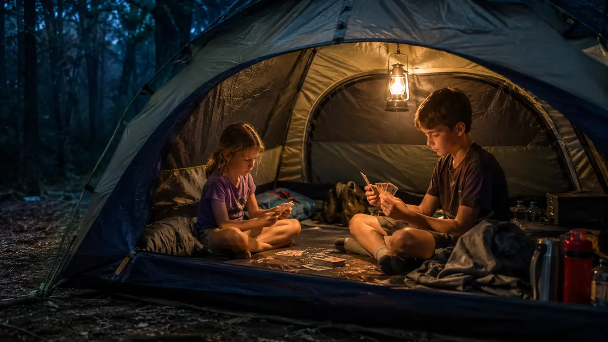 Two kids playing card games on a sleeping pad inside a lit dome tent at dusk