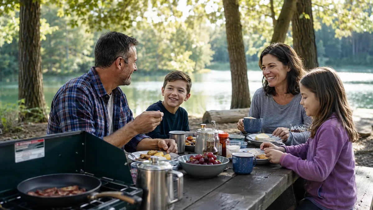 Family eating pancakes at a picnic table at a lakeside campsite in northeast Oklahoma with the camp stove still on the table
