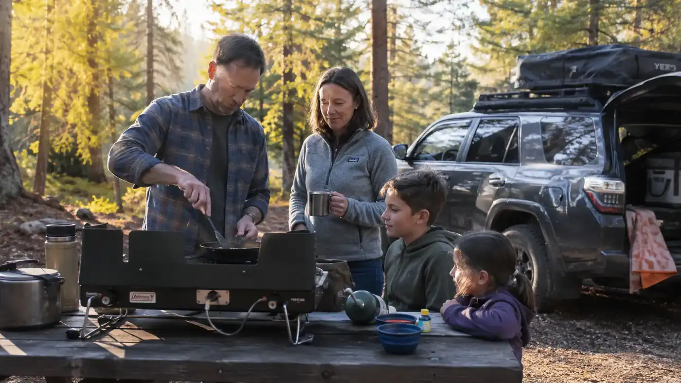 Two-burner propane camp stove set up on a picnic table at a wooded campsite with breakfast cooking on both burners