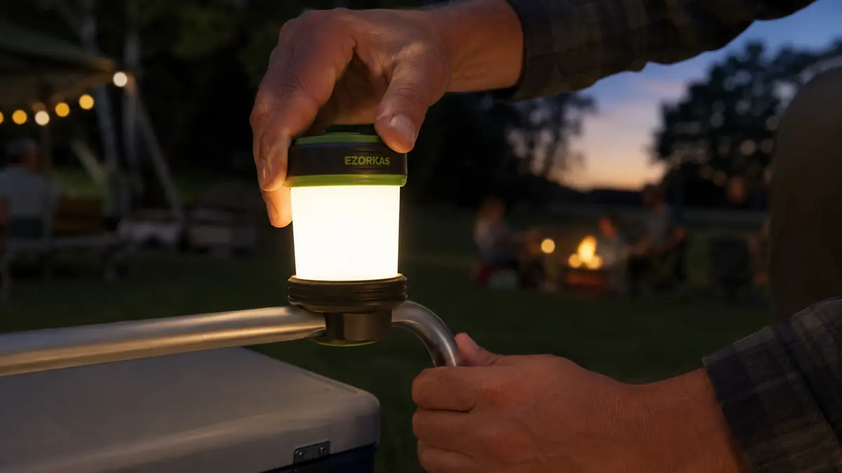 Hand pressing the magnetic base of a rechargeable lantern onto the metal handle of a rolling cooler at a campsite