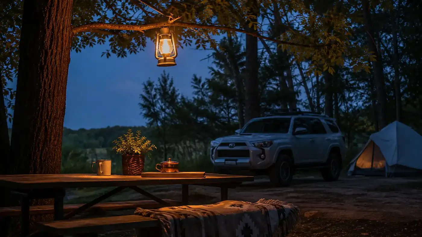 A single glowing lantern hanging over a picnic table at a family campsite at dusk with a 4Runner parked nearby