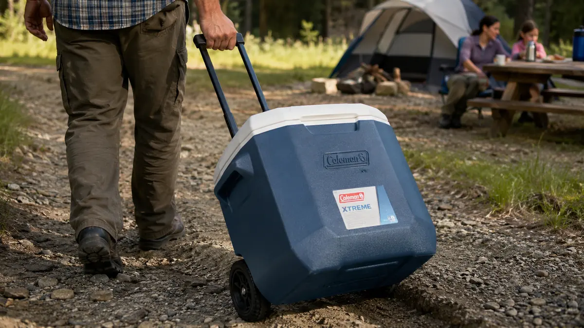 Hand pulling the extendable handle of the Coleman Xtreme rolling cooler across uneven ground