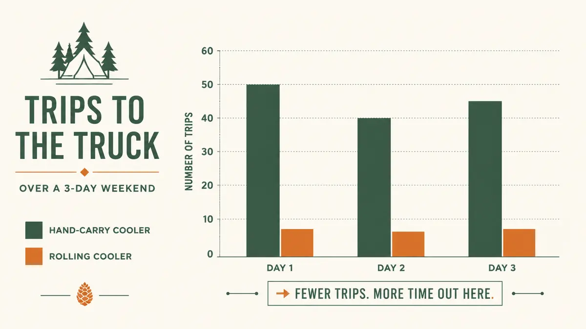 Chart comparing the number of trips carried to the truck for a hand-carried cooler versus a rolling cooler over a weekend