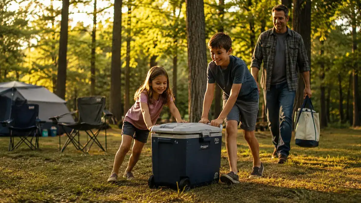Two kids helping push a rolling cooler across a campsite while a parent carries a tote of food