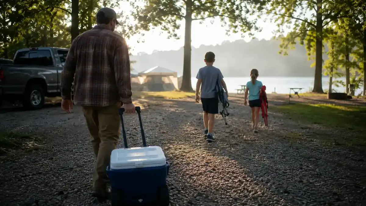 A rolling cooler being pulled down a gravel campsite path toward a picnic table with a 4Runner parked in the background