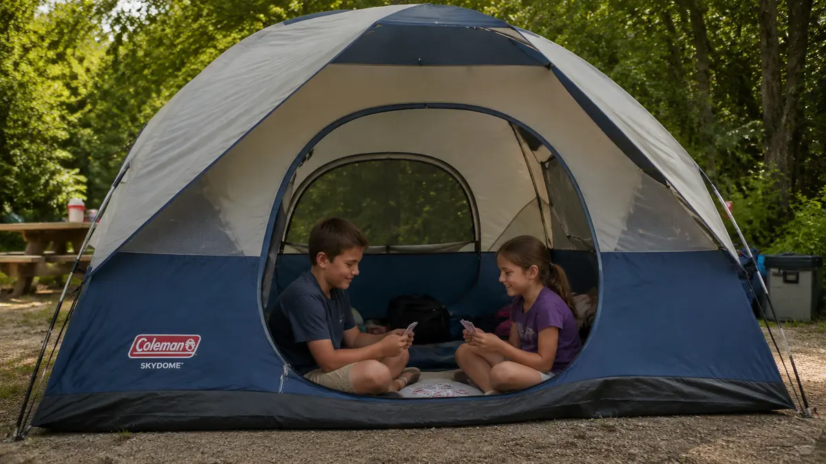 Two kids sitting inside the open Coleman Skydome tent door playing cards during a midday break at camp