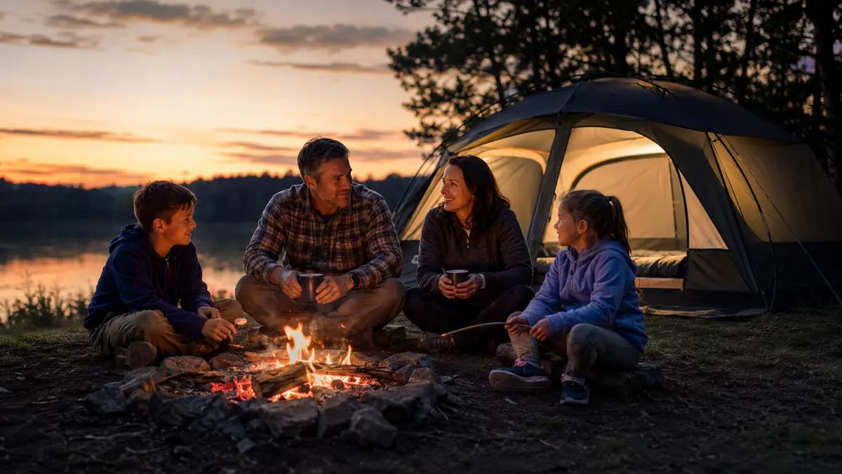 Family of four sitting outside the Coleman Skydome tent at a campfire in the evening