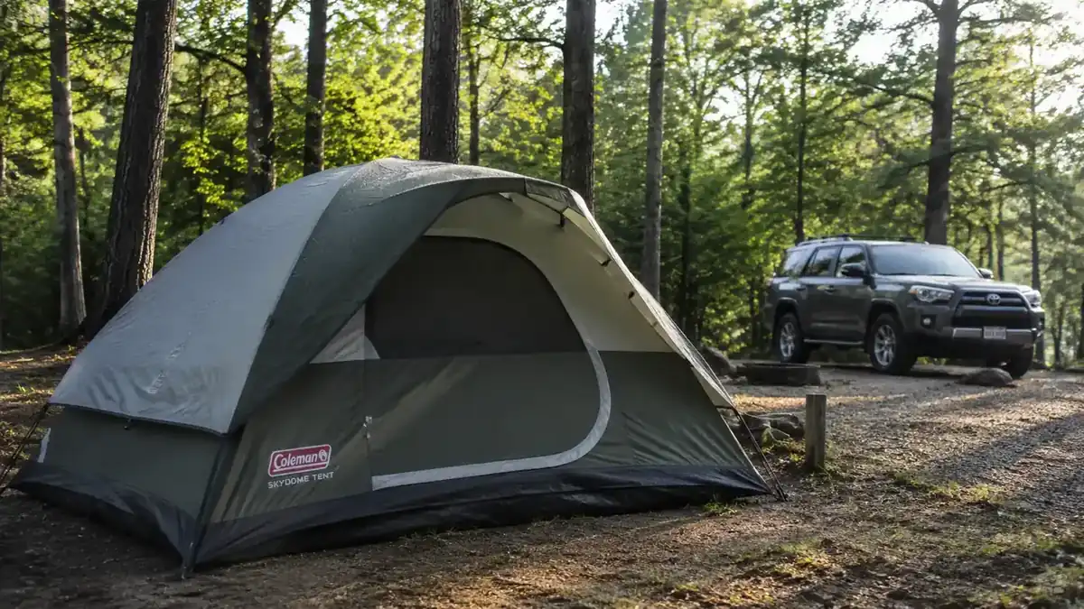 Coleman Skydome tent pitched in a grassy campsite clearing at sunrise with dew on the rainfly