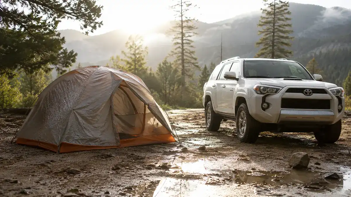 A 4Runner packed at a campsite the next morning with the tent drying in filtered sunlight