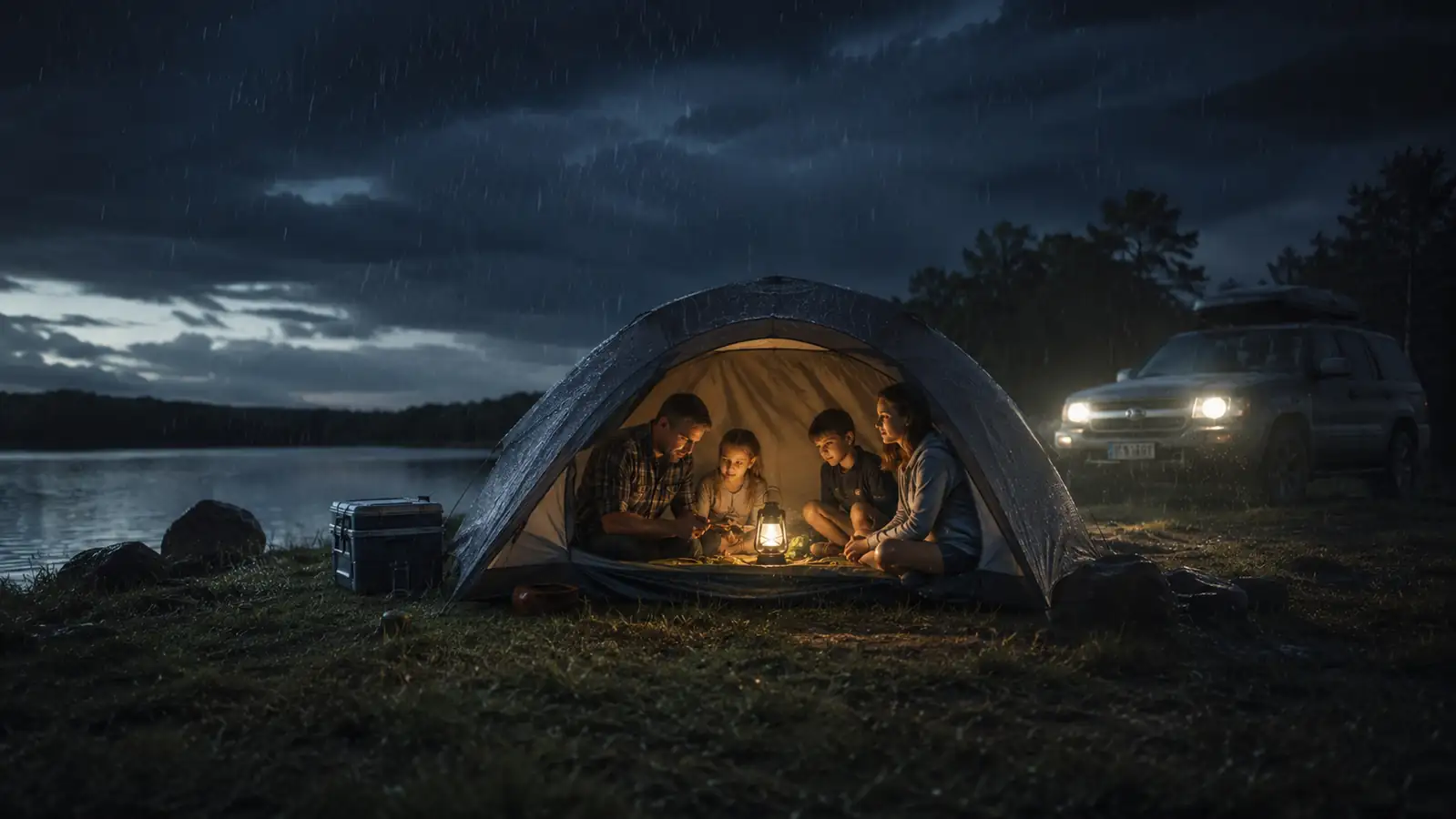 A dome tent glowing softly from a lantern inside, pitched at a dark campsite under heavy rain clouds