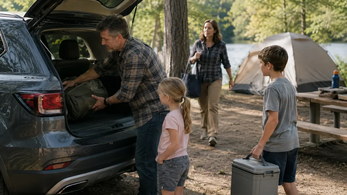 Family loading a rolled tent bag into the back of a 4Runner parked at a campsite