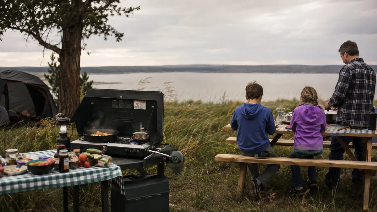 Two kids at a picnic table near a steadily burning camp stove on a windy lakeside morning