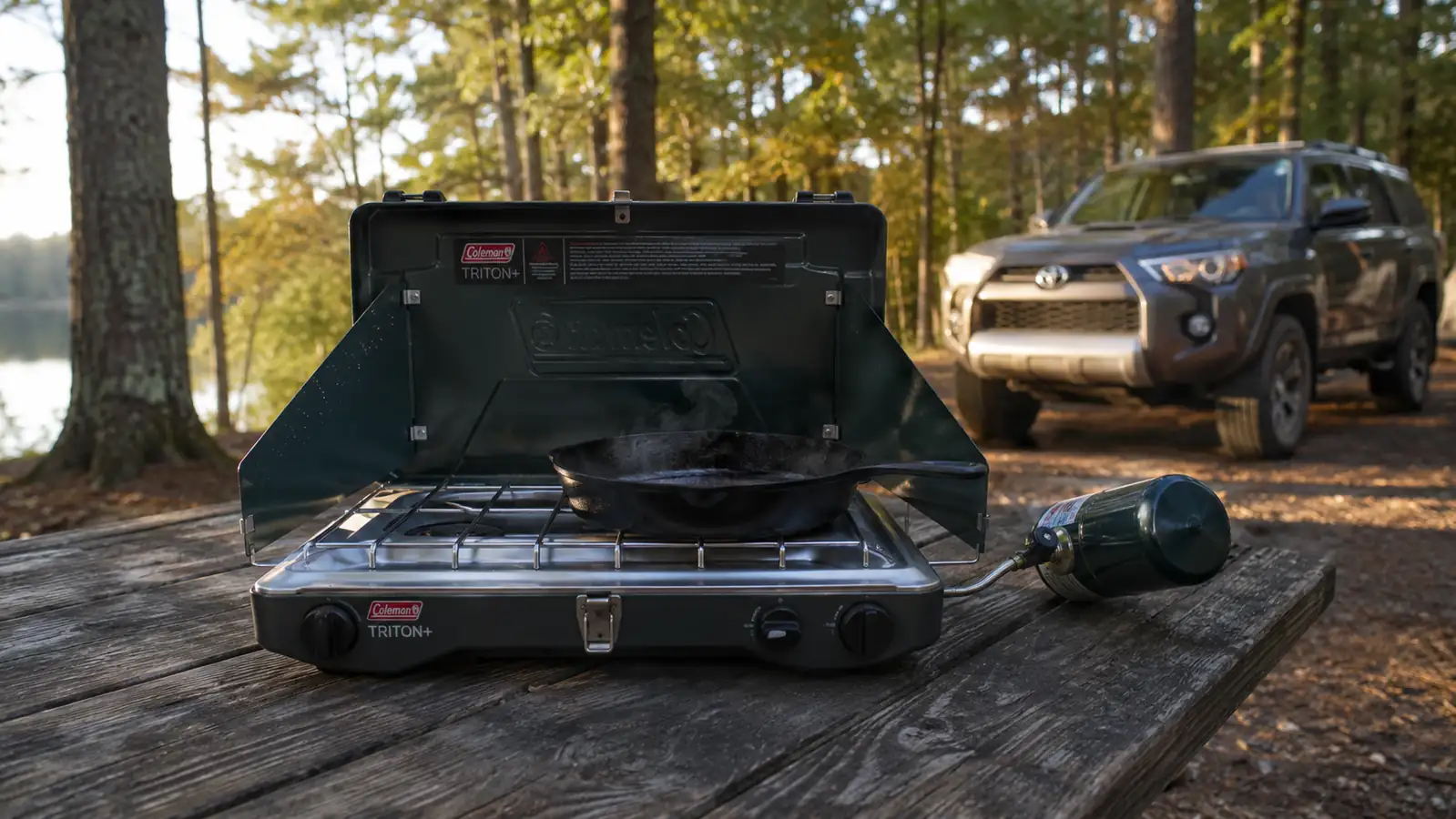 Coleman Triton+ 2-burner propane stove set up on a picnic table at a wooded campsite with morning light and steam rising from a skillet