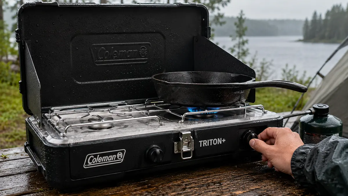 A hand pressing the InstaStart ignition button on the propane stove with a small blue flame catching under the burner