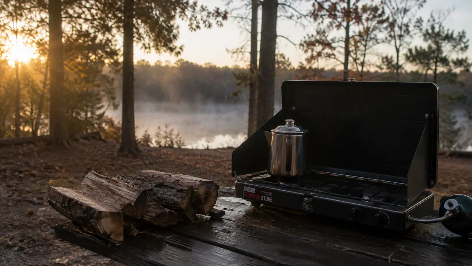 A two-burner propane camp stove sitting on a picnic table at a misty campsite in early morning light