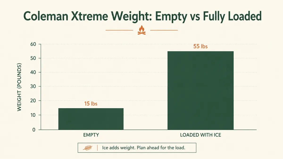 Bar chart comparing the Coleman Xtreme cooler's empty weight to its fully loaded weight