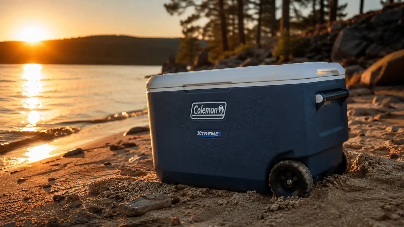 Coleman Xtreme rolling cooler sitting on a sandy lake shore near Keystone Lake at sunset