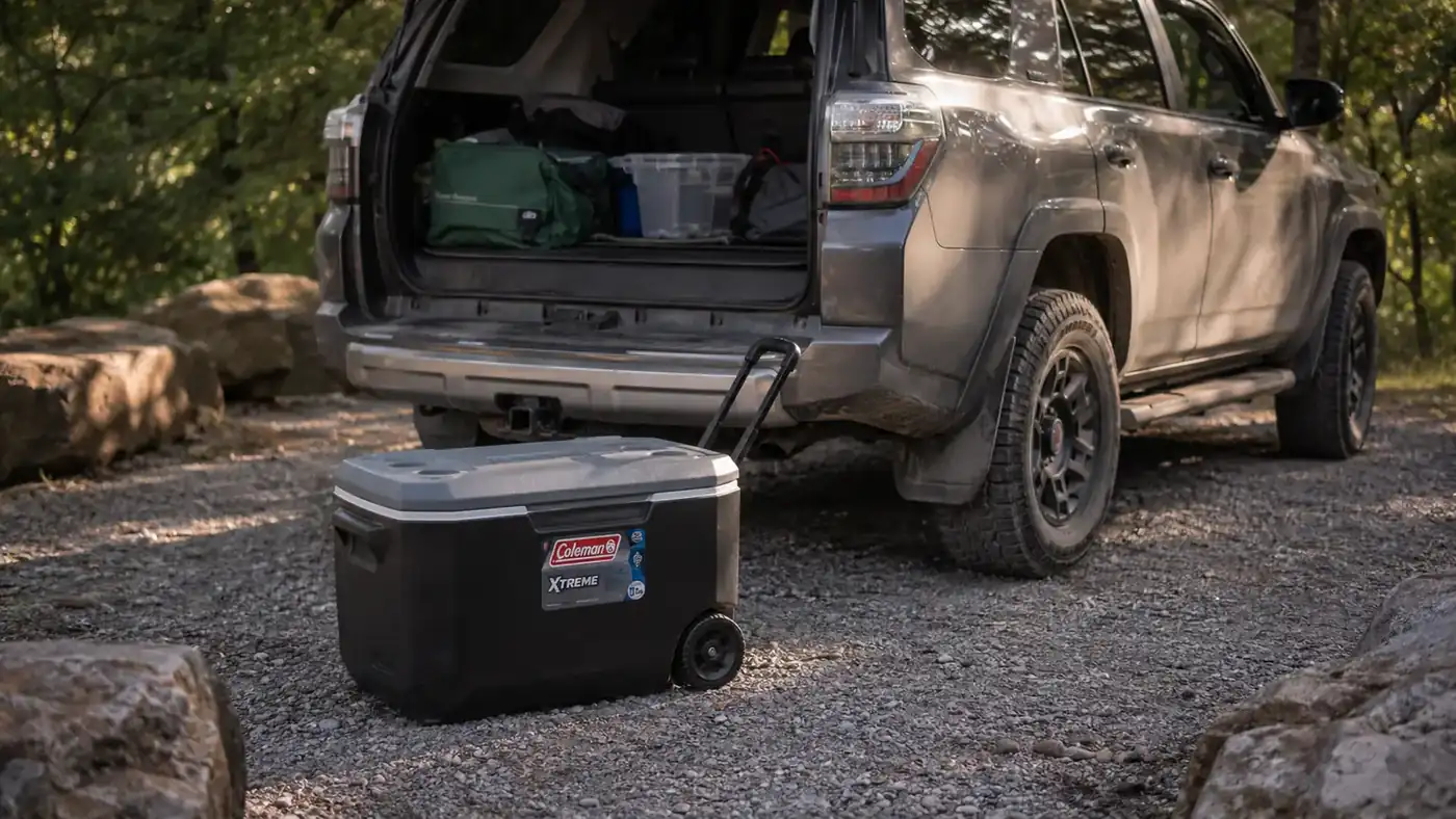 Coleman Xtreme rolling cooler sitting on gravel next to a loaded 2016 4Runner at a campsite