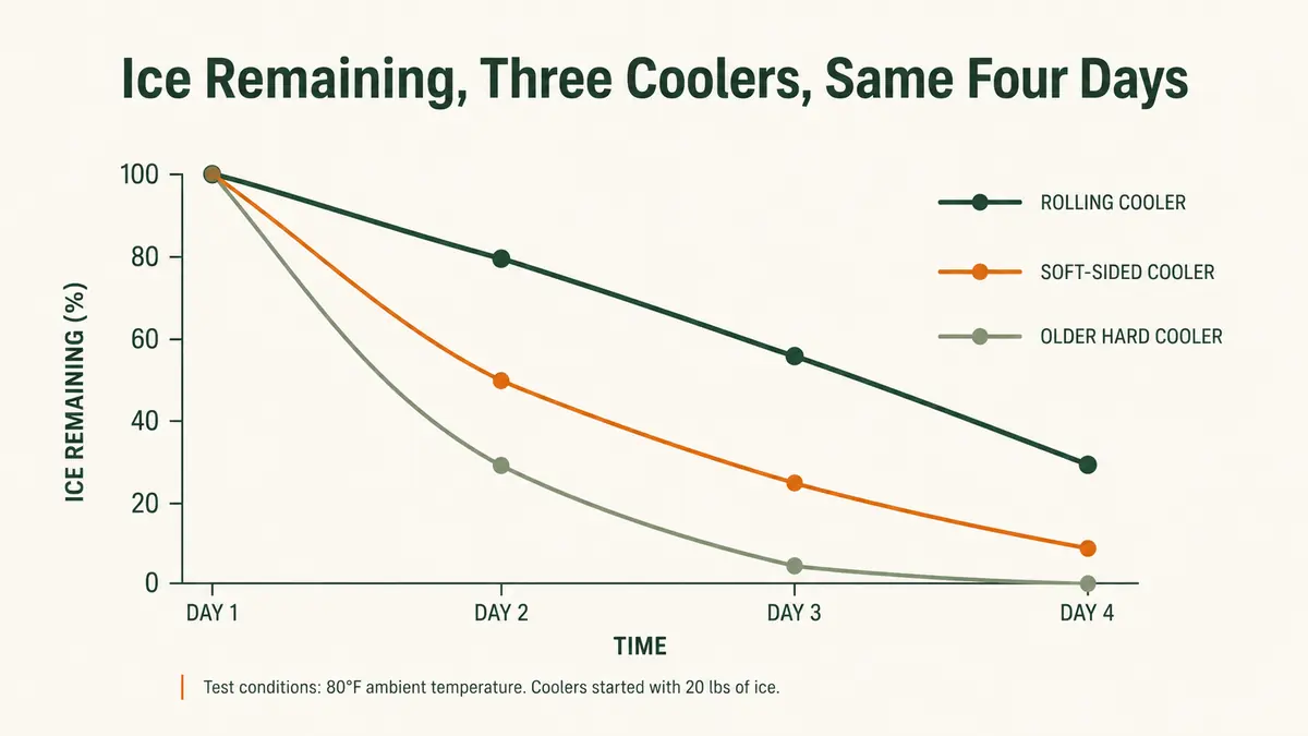 Line chart comparing ice remaining across three different coolers over four days at the same campsite
