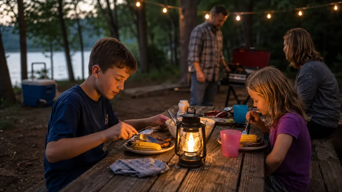 Two kids sitting at a picnic table eating a camp dinner with a rolling cooler visible nearby at dusk