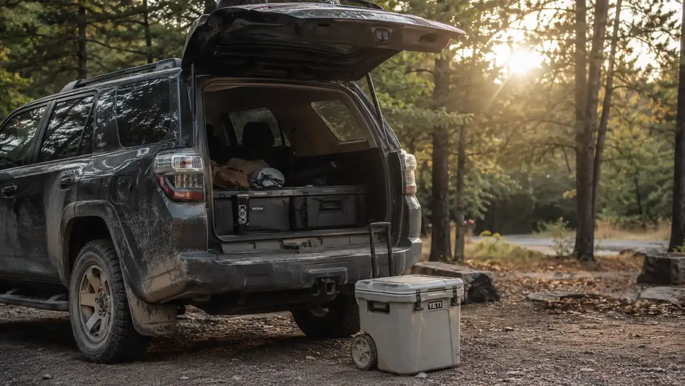 A packed 4Runner at a wooded campsite with a rolling cooler parked beside the open hatch in early morning light