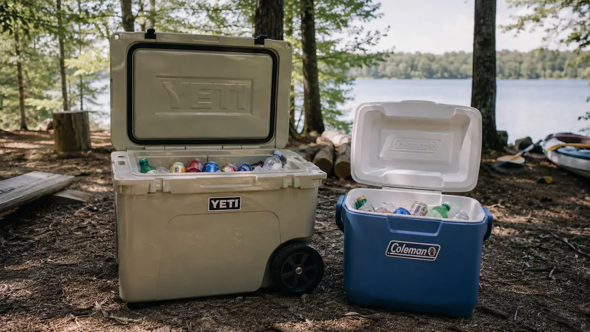 Two coolers sitting open side by side showing ice levels after several days at a campsite