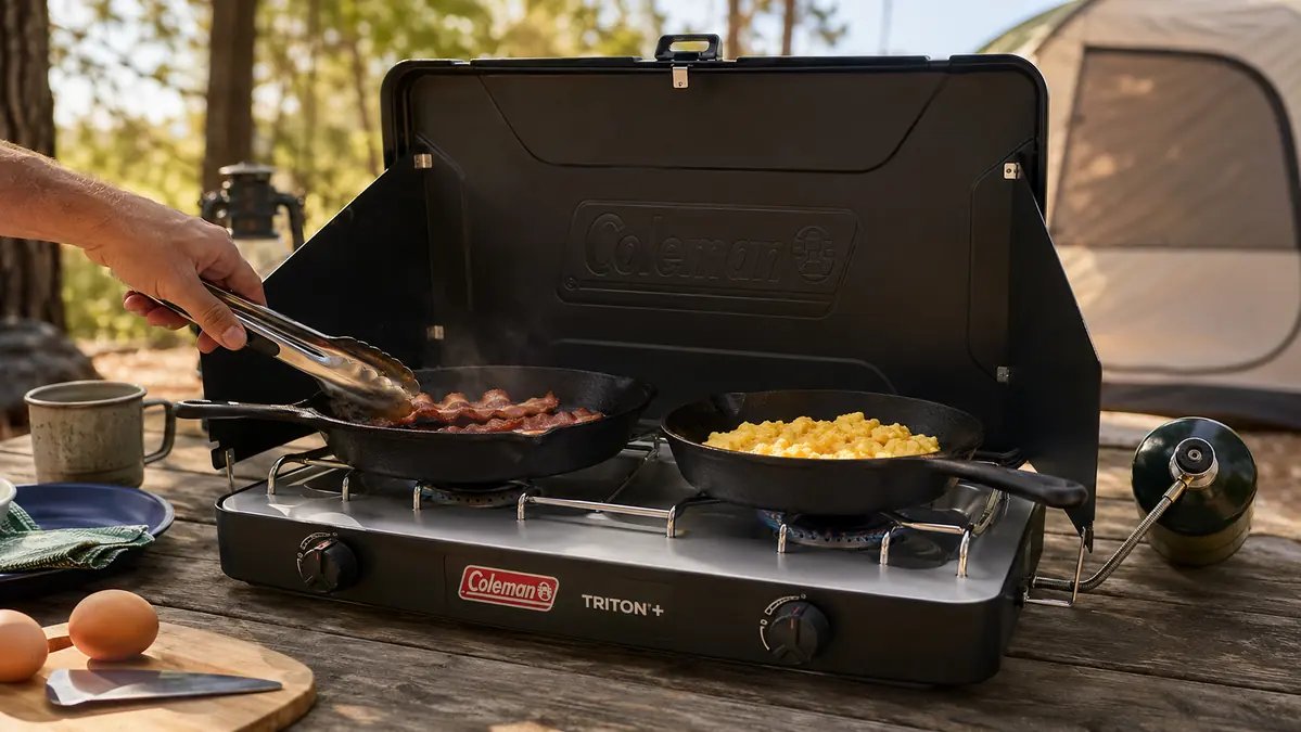 Hands flipping bacon in a cast iron skillet on the left burner of the Coleman Triton+ while eggs cook in a separate pan on the right burner