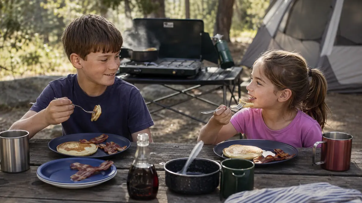 Two kids eating pancakes and bacon off camp plates at a picnic table while a stove cooks in the background