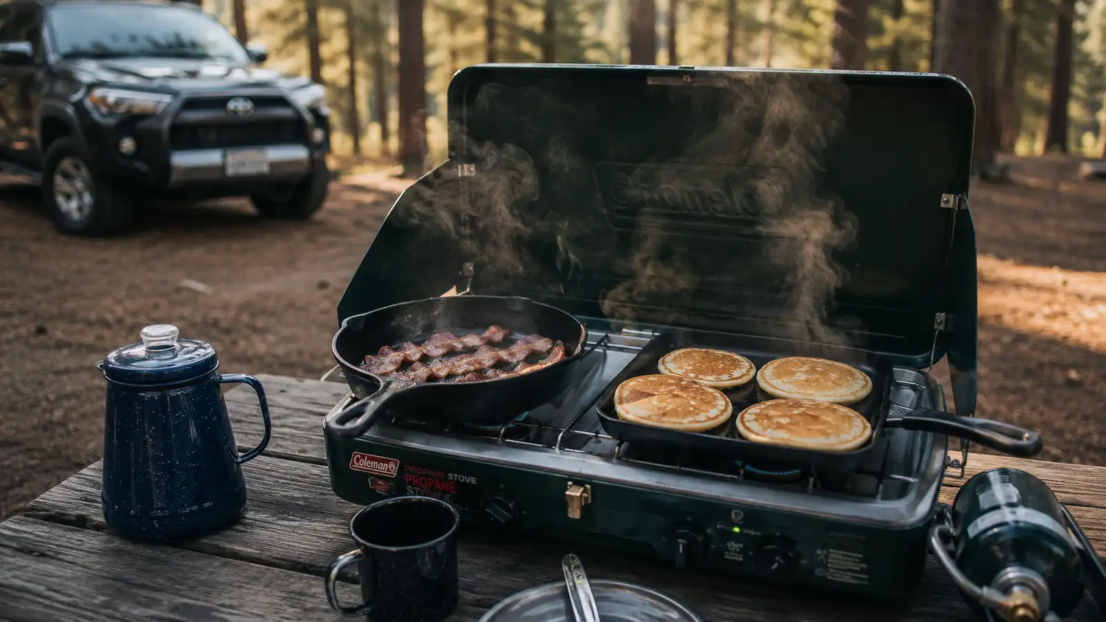 A full camp breakfast of bacon, eggs, and pancakes cooking at once on a Coleman Triton+ 2-burner stove at a picnic table campsite