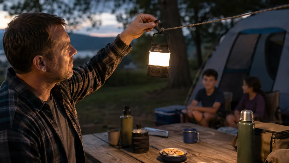 Hand hanging a rechargeable lantern by its handle from a hook above a picnic table