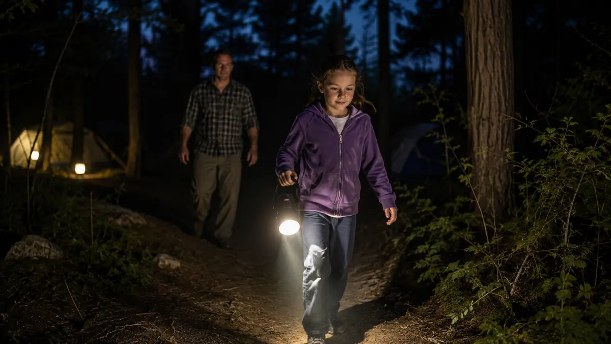 A kid walking a dark campground path holding a lantern in flashlight mode