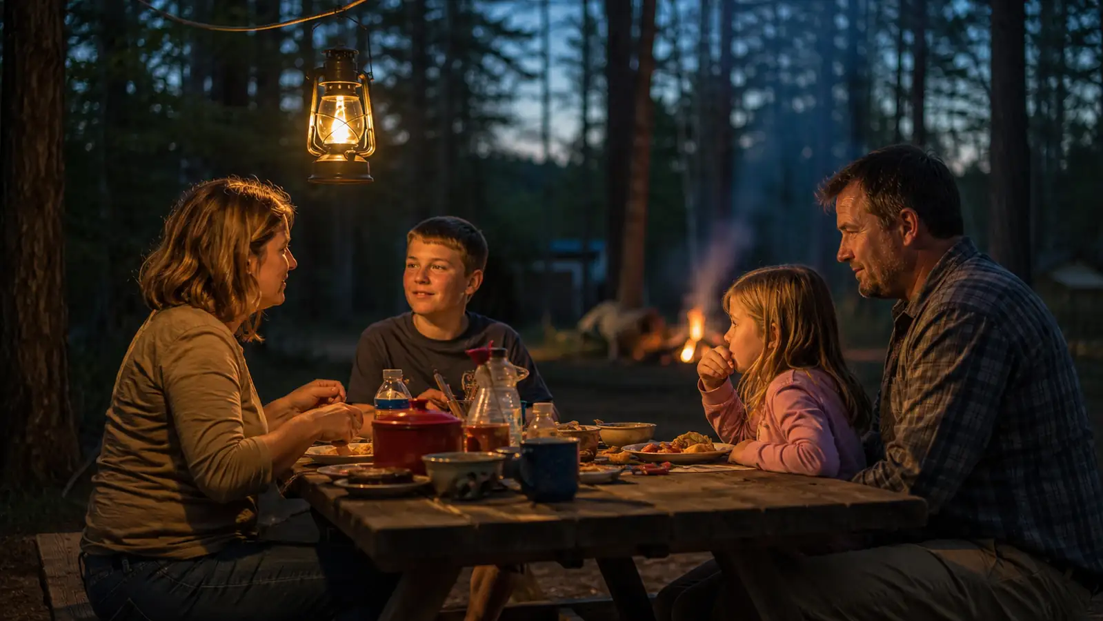 A lit rechargeable lantern hanging over a picnic table at a dark campsite, family silhouettes in the background