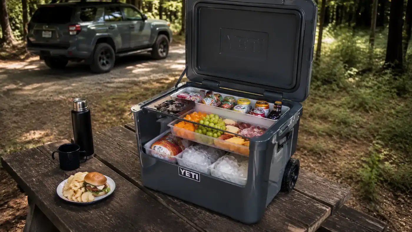 A Coleman Xtreme rolling cooler open on a picnic table with food packed in organized layers, campsite in the background