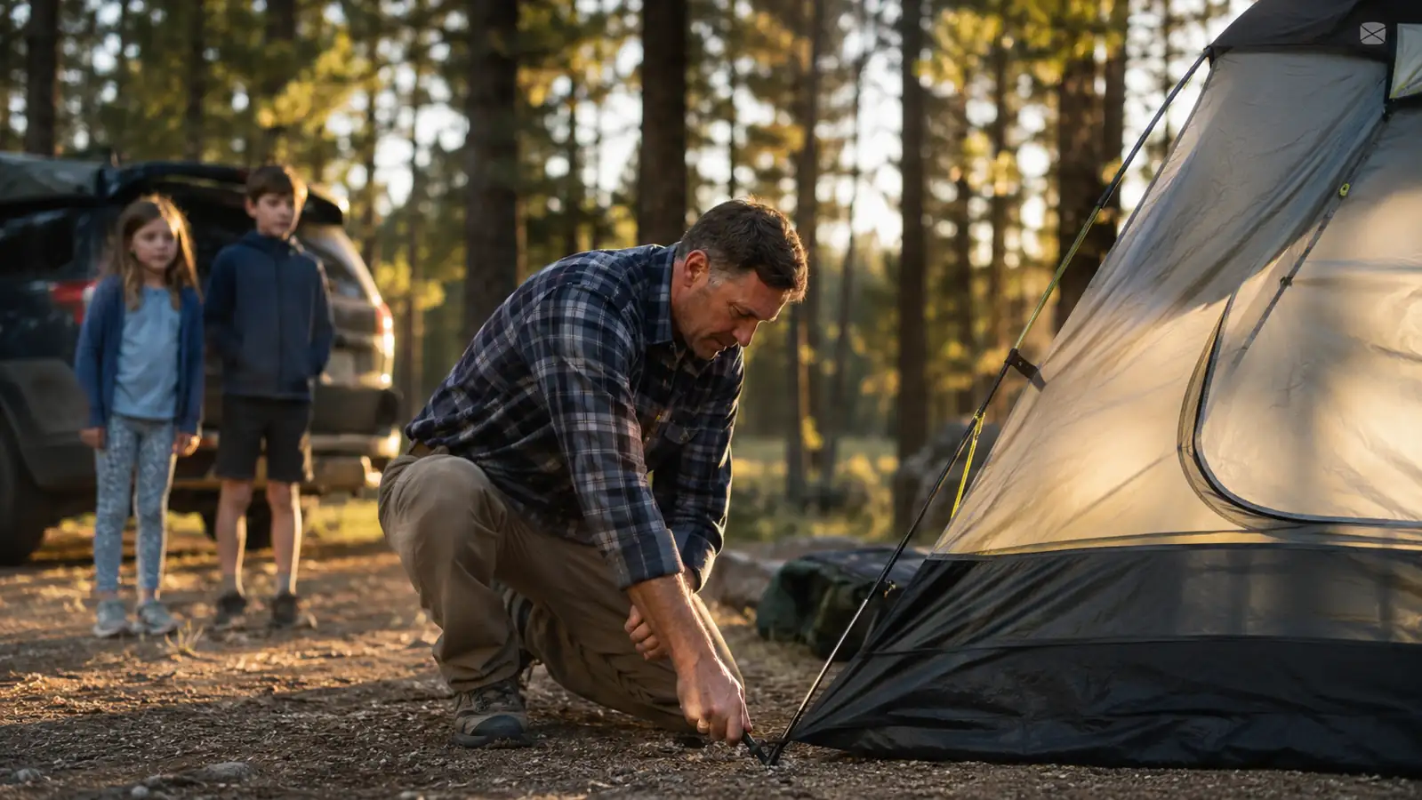 Man staking a Coleman Skydome tent into place in a gravel campsite clearing at dusk with a 4Runner parked nearby