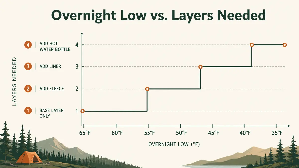 Chart showing overnight low temperature against the number of layers added to stay comfortable