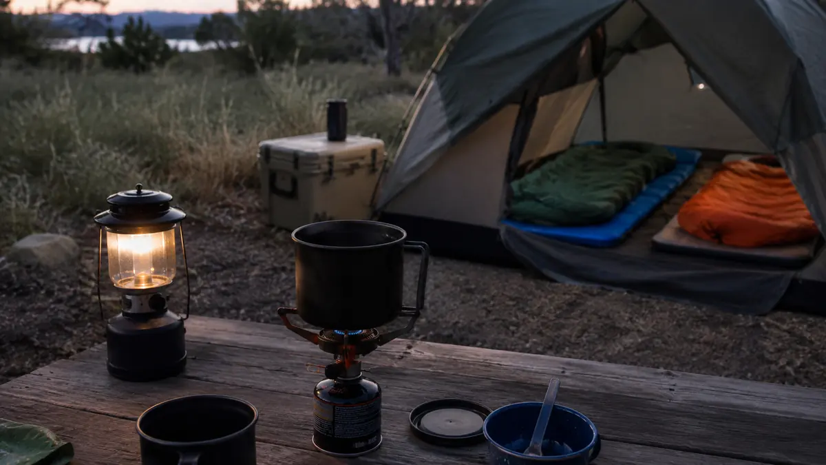 Camp stove heating a small pot of water at dusk with two sleeping bags rolled out on foam pads inside a tent visible through the door