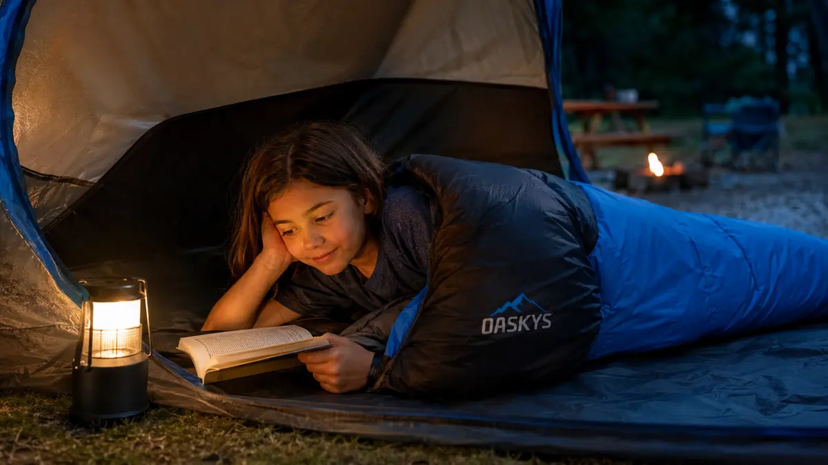 Kid zipped into the oaskys sleeping bag at a campsite, only head poking out, propped up on an elbow reading by lantern light