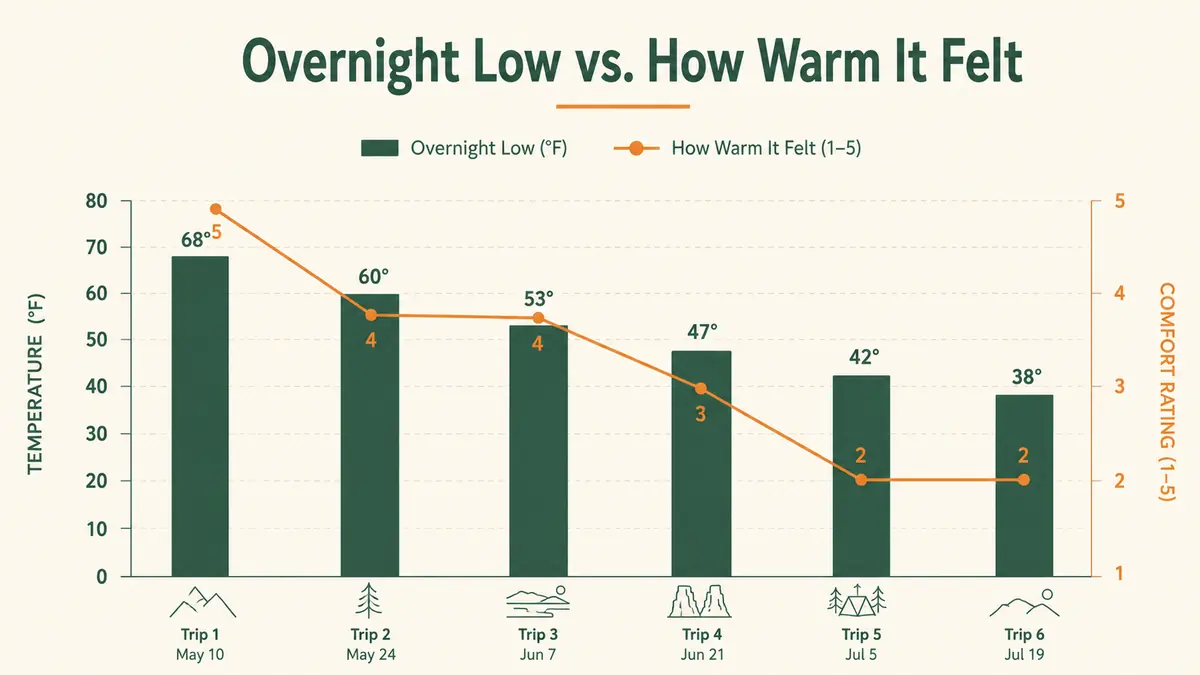 Chart showing measured overnight low temperature versus how warm the sleeping bag felt across six trips