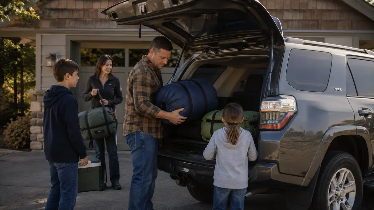 Family loading two sleeping bags and camp gear into a 4Runner in a gravel driveway before a trip