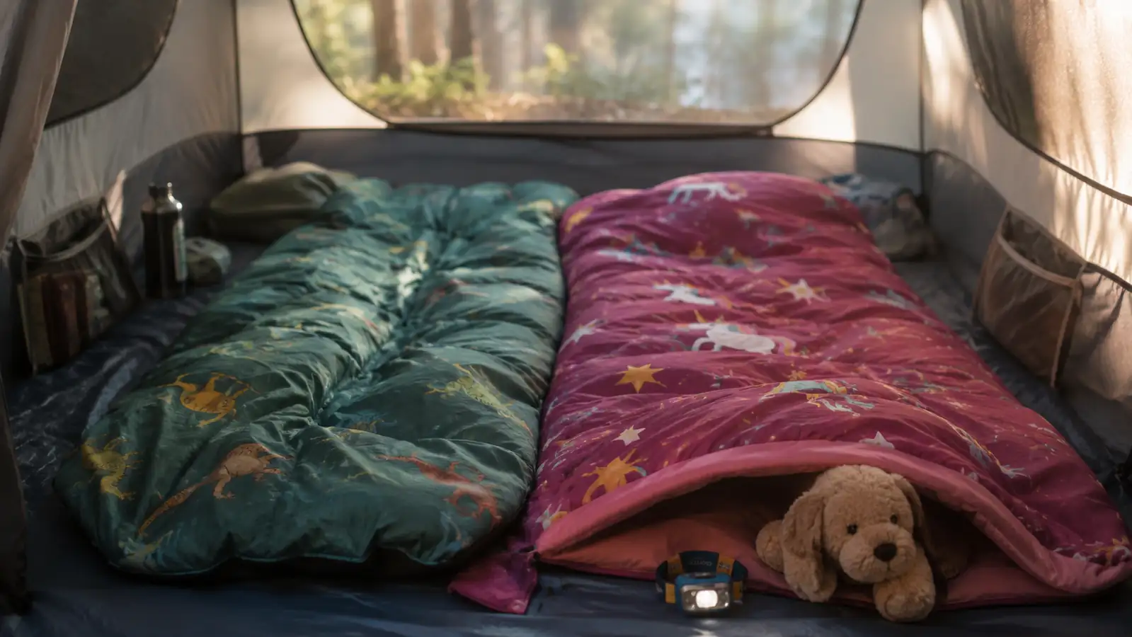 Two kids' sleeping bags unrolled inside a tent at sunrise with light coming through the mesh windows