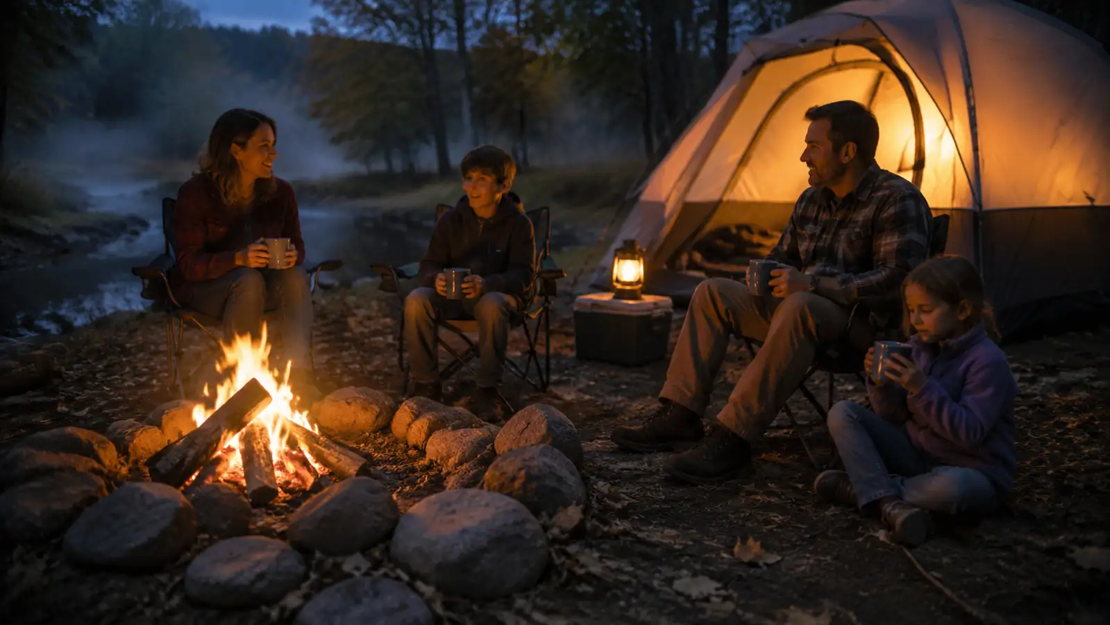 A campsite at dusk with a lantern glowing near a tent, cold mist settling over the trees at Beavers Bend