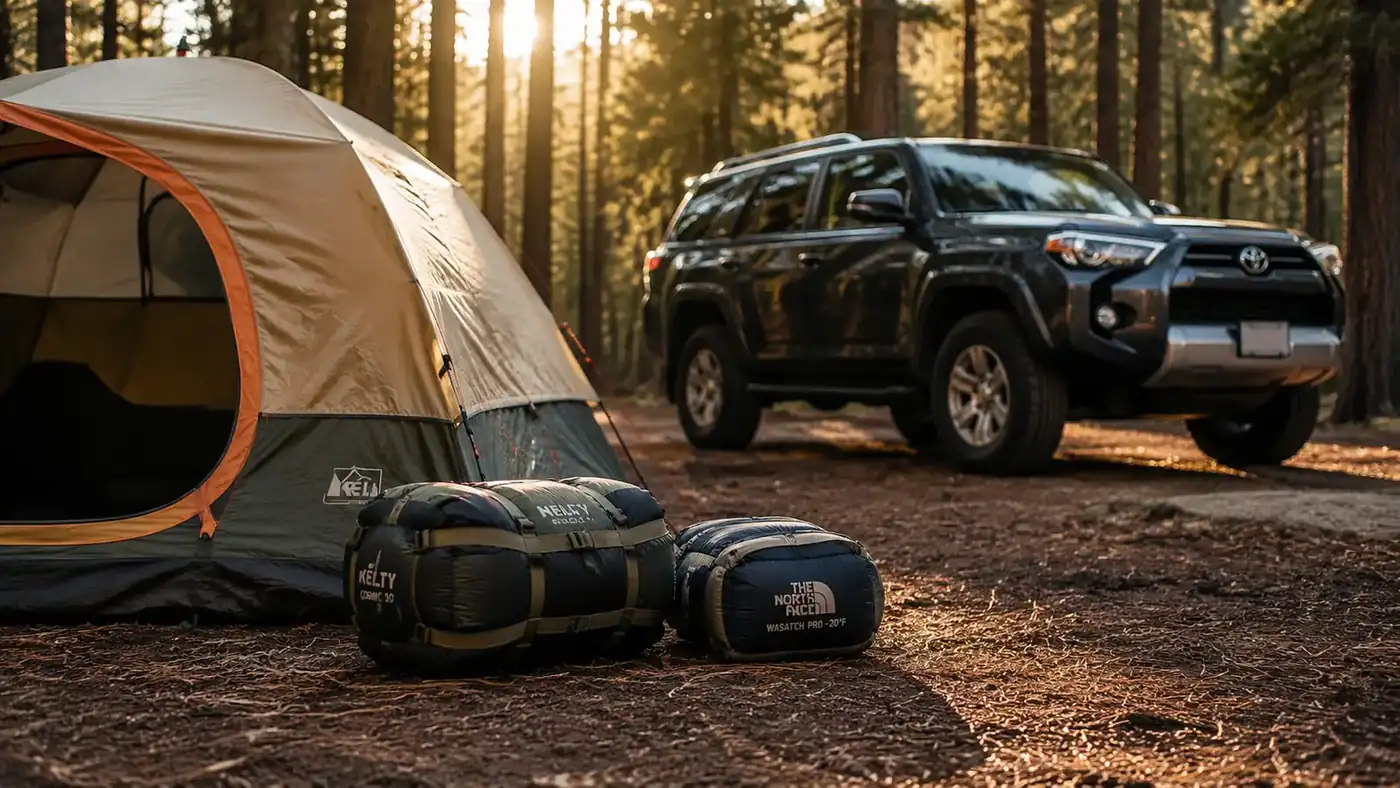 Two rolled sleeping bags of different sizes stacked next to a family tent at a northeast Oklahoma campsite