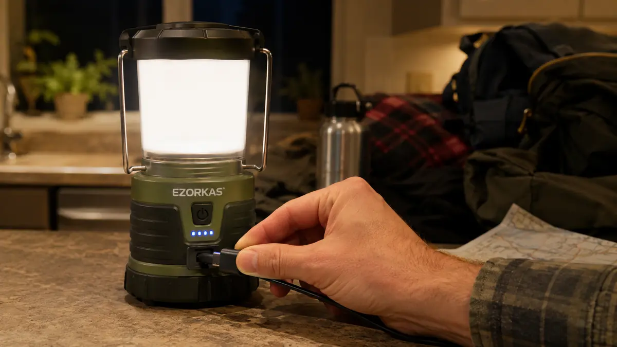 Hand plugging a USB charging cable into the base of a rechargeable camping lantern on a kitchen counter