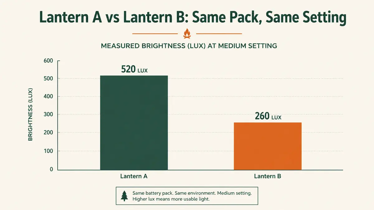 Bar chart comparing measured brightness output between the two lanterns included in the same 2-pack purchase