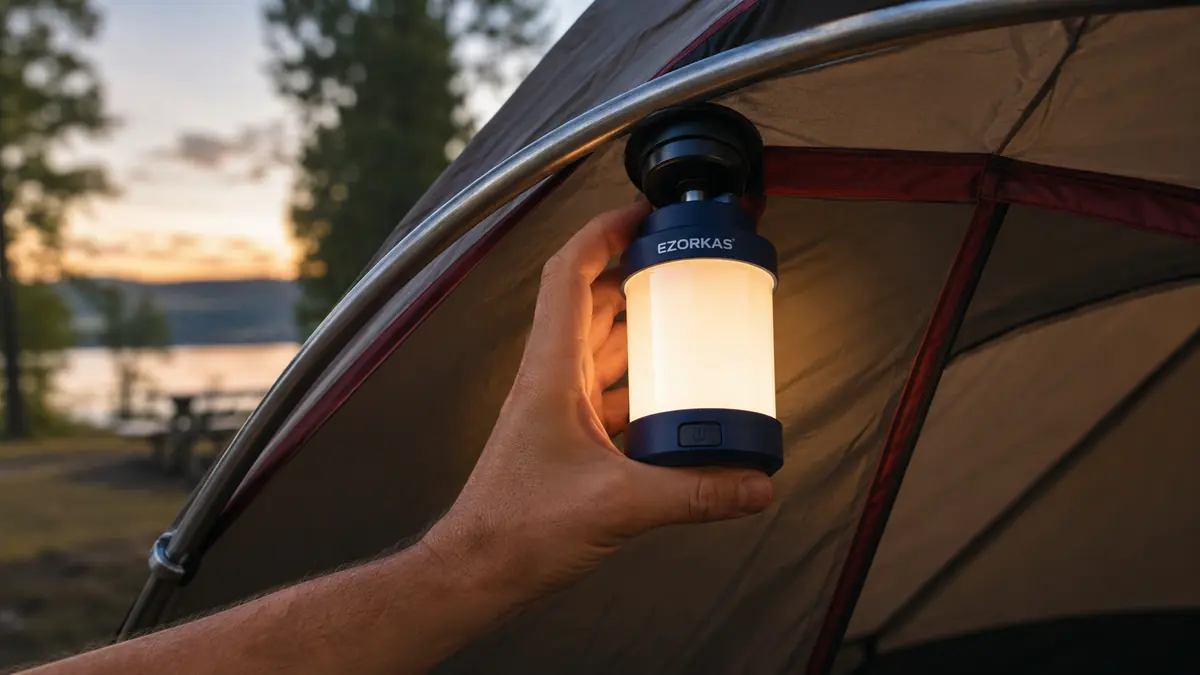 Hand attaching a rechargeable lantern to the metal frame of a tent using its magnet base