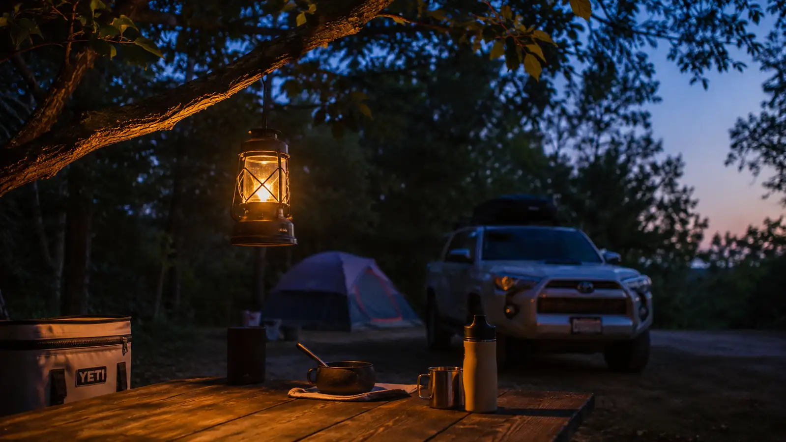A glowing camping lantern hanging from a tree branch above a picnic table at dusk with a family silhouetted in the background