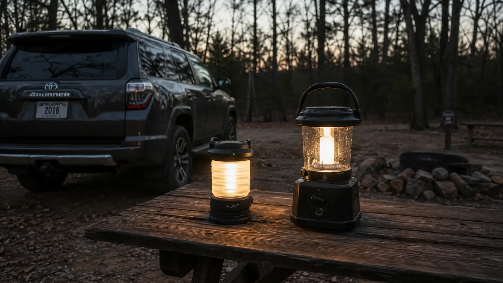 A USB rechargeable EZORKAS lantern and an older D-battery Coleman lantern sitting side by side on a picnic table at dusk